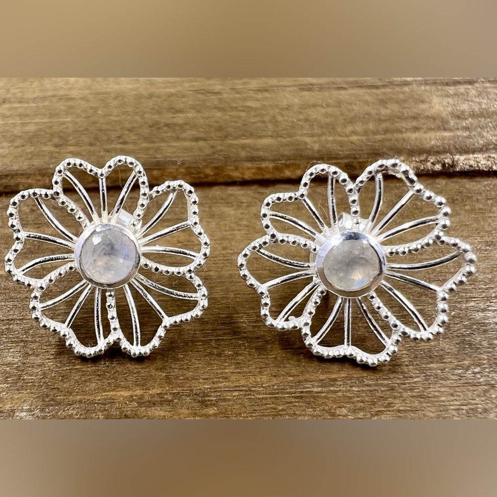 Sterling Silver Moonstone Flower Stud Earrings